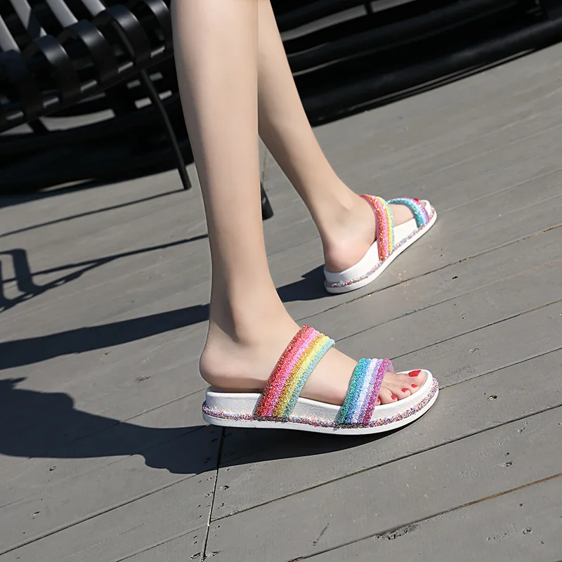 Summer Slippers Women Shining Rainbow Outside Slide Funny Lips Crystal Flat Sandals Beach Slides Casual Plus Size 36-43 | Обувь