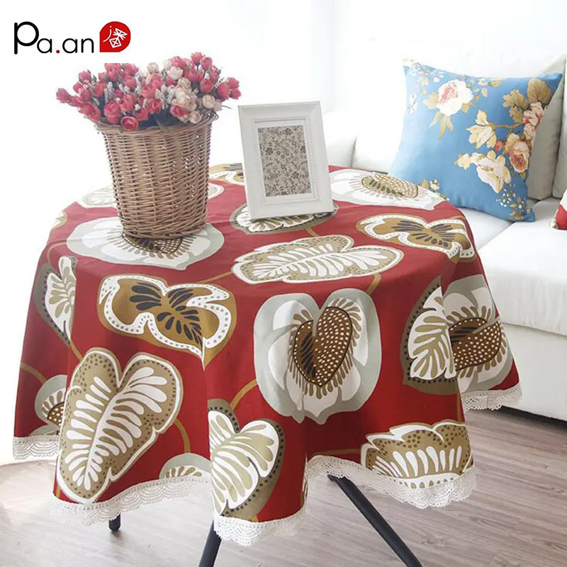 Красное полотно круглая кружевная скатерть край толстые листья напечатаны