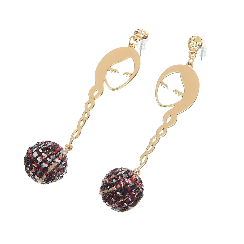 Inokeey Boho Длинные волосы для лица ткань мяч свисающие медные серьги женщин