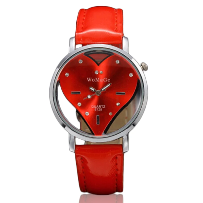 Модные часы с красным сердцем женские полым циферблатом стразы повседневные
