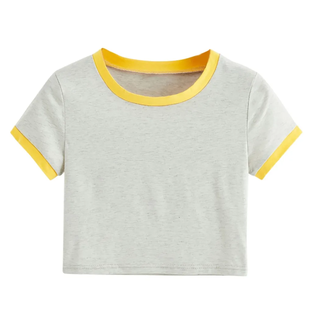 gray Harajuku летняя модная женская Лоскутная короткая футболка укороченный топ с открытыми плечами Kawaii короткий рукав Футболка koszulki damskie - Цвет: gray