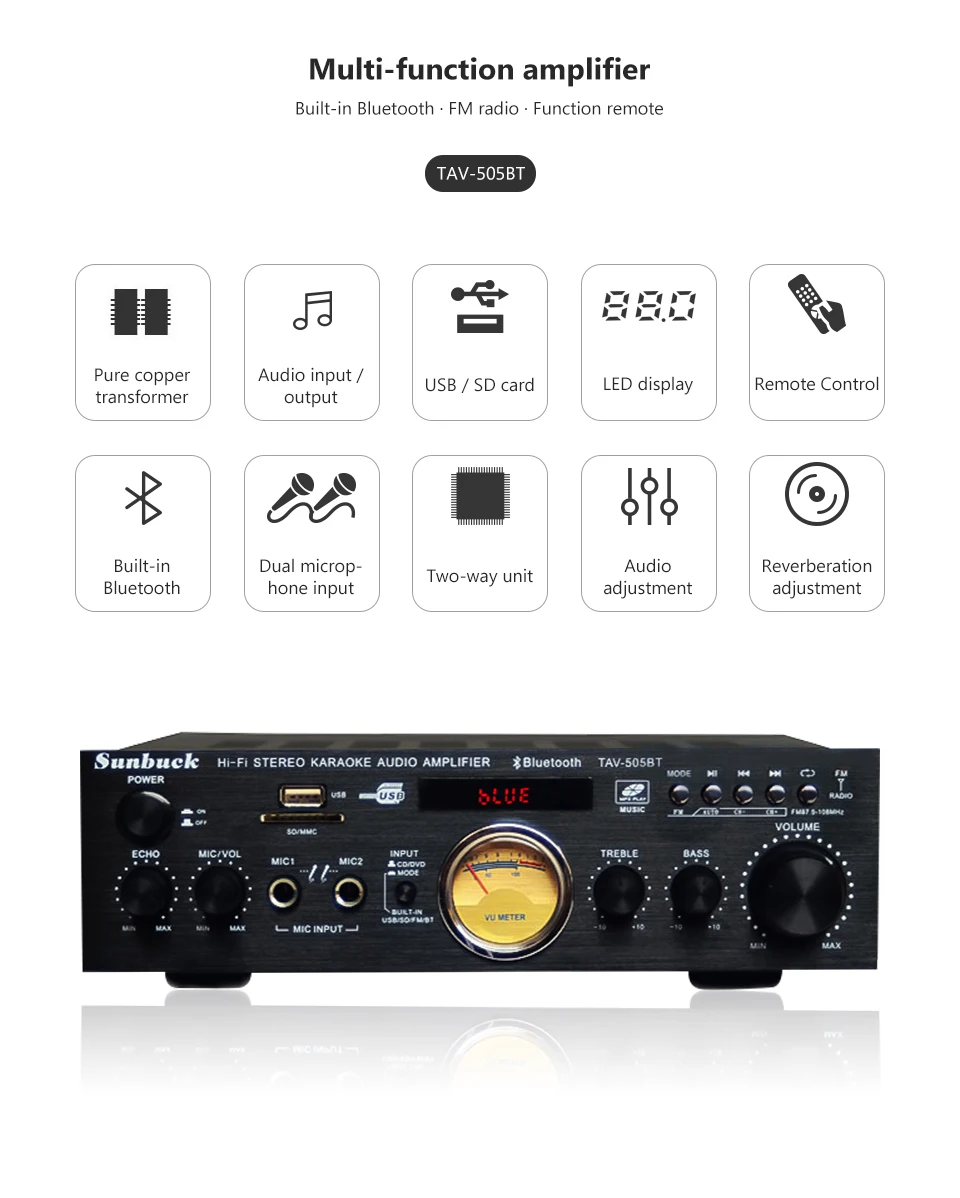 Bluetooth AV усилитель мощности аудио доска 100Wx2 стерео усилитель домашний звук профессиональный автомобильный усилитель двойной микрофон USB SD FM Amplificador