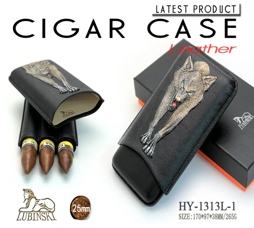 LUBINSKI Black Leather Wolf Cigar Case Humidor Travel Moisturizing Tube Portable Set Hold 3 Pcs Cigars HY-1313L | Дом и сад