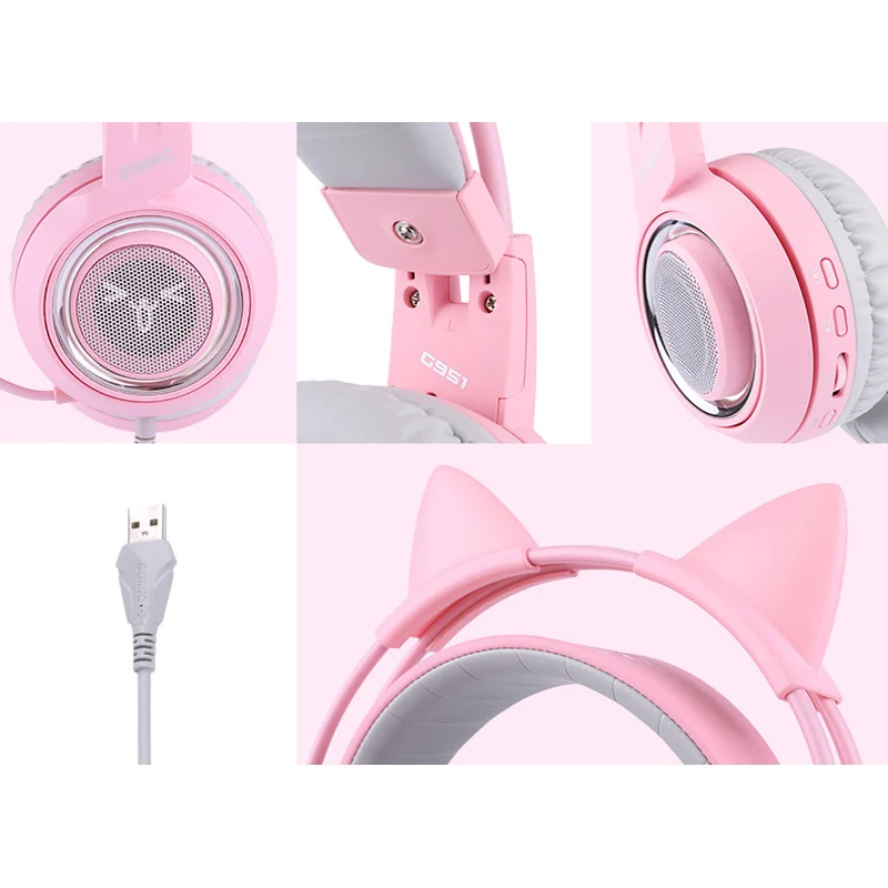 SOMIC G951 розовые наушники с кошачьими ушками Virtual 7 1 шумоподавление Игровые