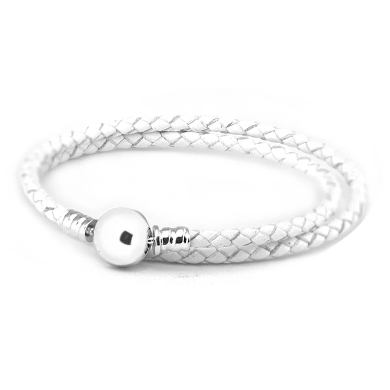 

Genuine 925 Sterling Silver Ivory White Braided Leather Bracelet Round Clasp Charm Bracelets for Women DIY Jewelry Making