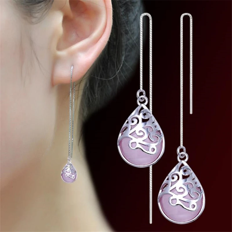 

KOFSAC New Teardrop-Shaped Drop Earrings 925 Sterling Silver Earring For Women Crystal Cat's Eye Stones Jewelry Girl Best Gifts