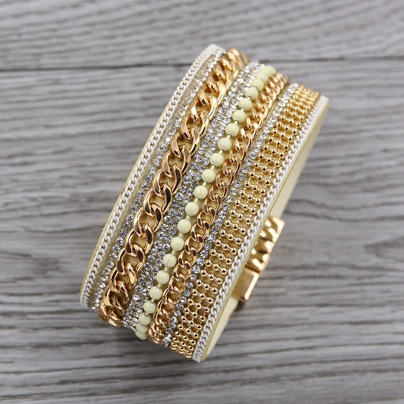 Rhinestone Beads Charm Bracelet For Women Bohemia Chain Wide Leather Bracelets Magnetic Bangles Jewelry | Украшения и аксессуары