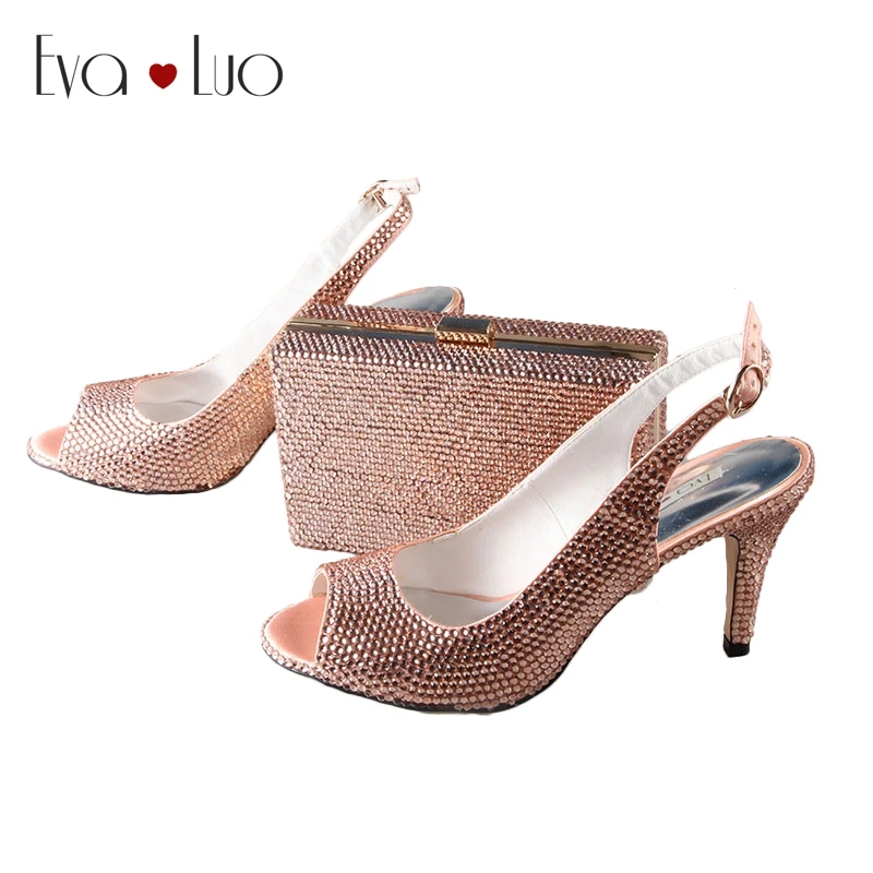 BS013 ручной работы персиковый хрусталь итальянский комплект из туфель и сумочки