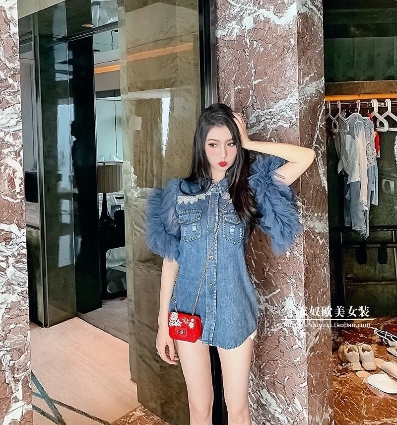 WHITNEY WANG Лето 2019 г. модная уличная оборками с сетчатыми рукавами Лоскутная