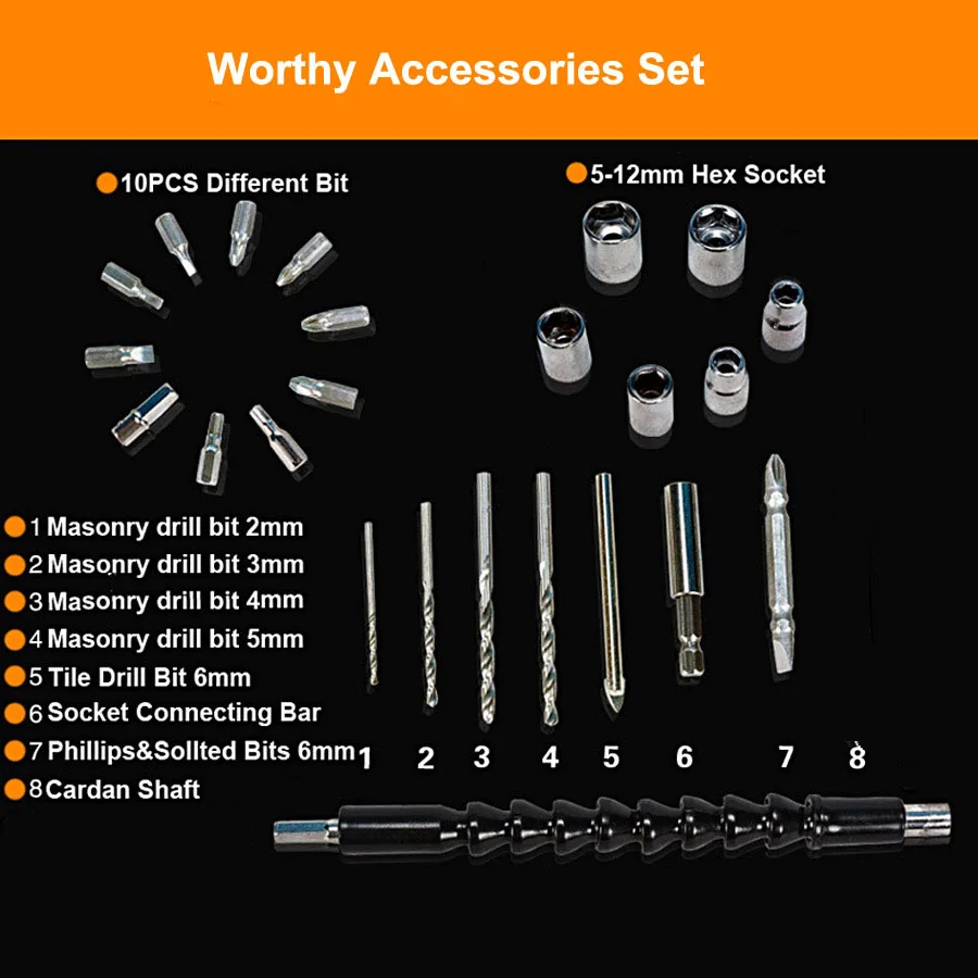 

24PCS Worthy Drill Accessories Set For Eletric Drill Wrench With Drill Bits and Hex Socket Bits