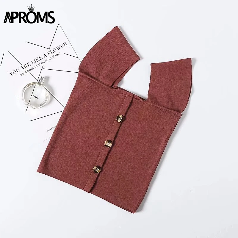 Aproms красный с плеча Трикотажная майка Для женщин пуговицах Slim Fit Crop Top белый основные майки уличная укороченные футболки - Цвет: Dark Red