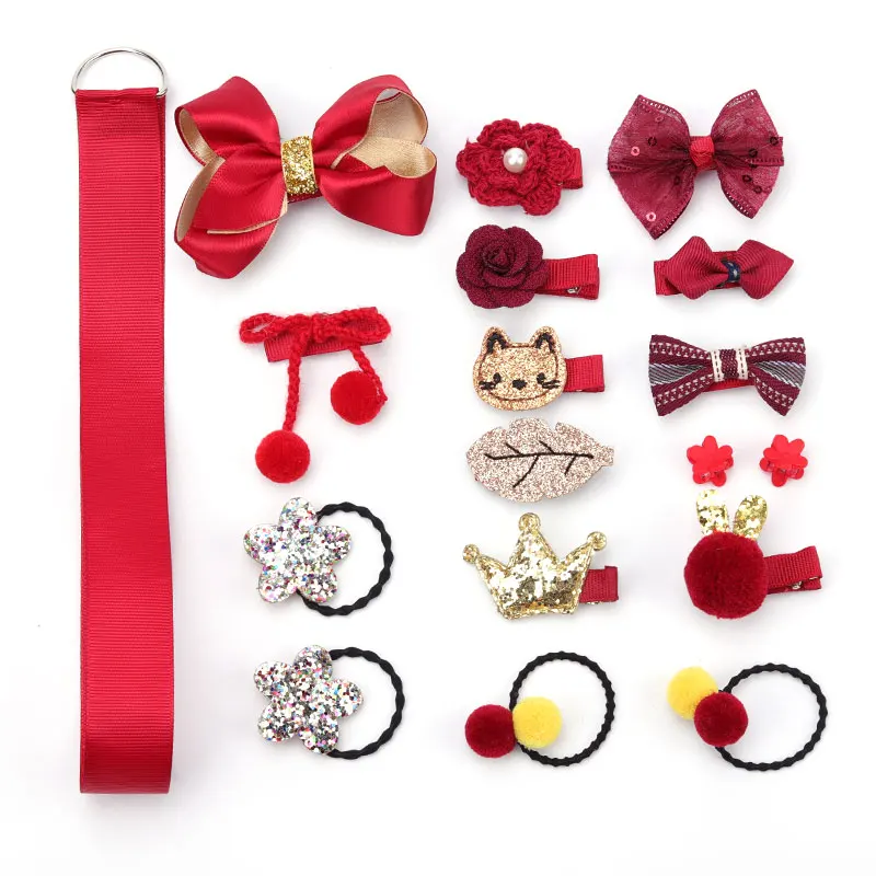 Bright red Детские заколки для волос, 18 шт. в наборе, 7 цветов, милый головной убор для девочек, женские аксессуары для волос, детское кольцо для волос, резиновое кольцо, веревка - Цвет: Bright red