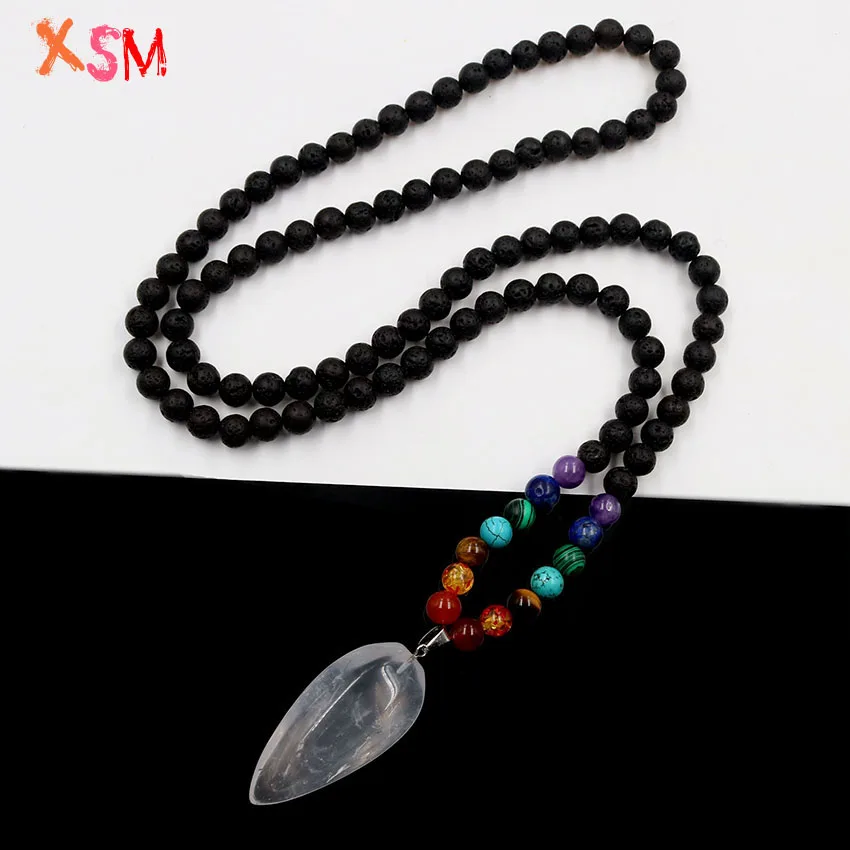 Natural White Rock Crystal Irregular Pendant Black Lava Volcanic Stone Beads 7 Chakra Long Necklace Women Charm Jewelry | Украшения и