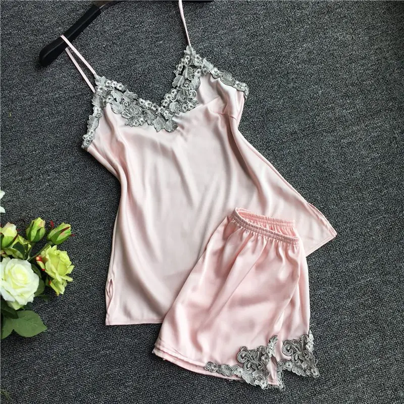 Сексуальные женские кружевные шелковые пижамы наборы без рукавов Пижама с v