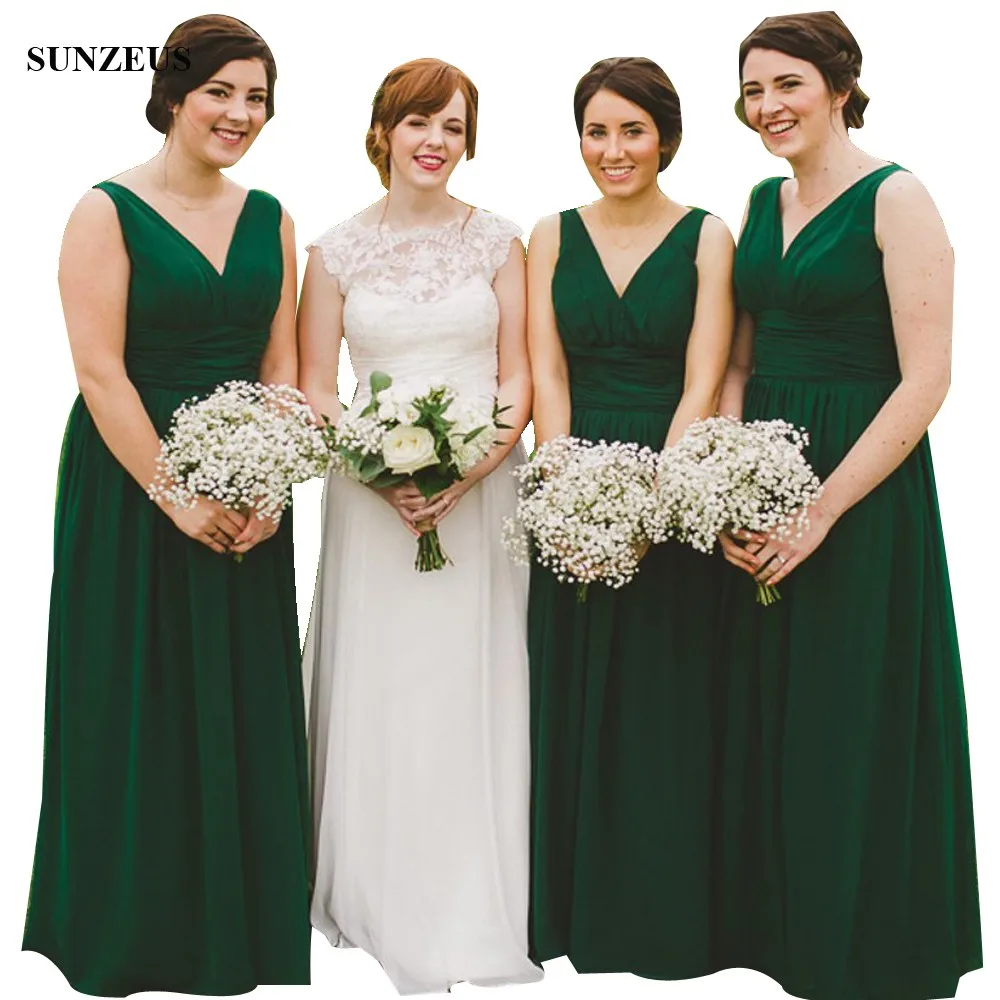 

Emerald Green Bridesmaid Dresses Elegant A-line V-neck Long Chiffon Wedding Party Dress Vestidos De Gala BDS016