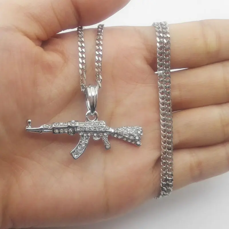 AK-47 Bling bling AK-47 вращающийся пистолет-Пистолет Хип-хоп золото серебро кристалл кулон ожерелье, Льдом Из кубинской цепи ювелирные изделия - Окраска металла: AK-47