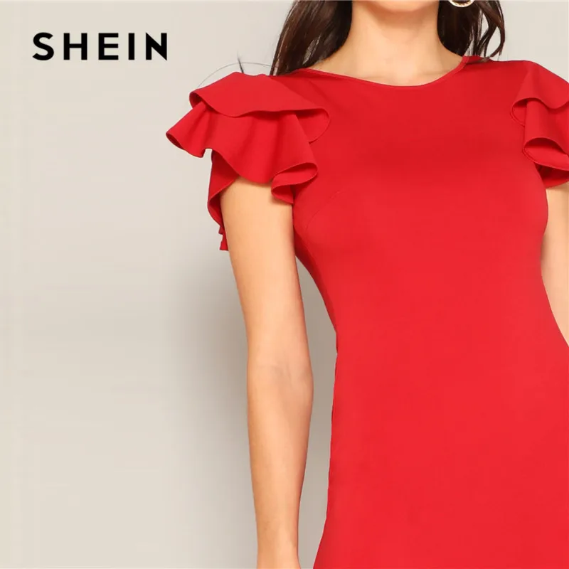 SHEIN красное многослойное облегающее платье с рюшами и рукавами крест-накрест на спине, женское летнее элегантное однотонное облегающее платье миди без рукавов для вечеринок