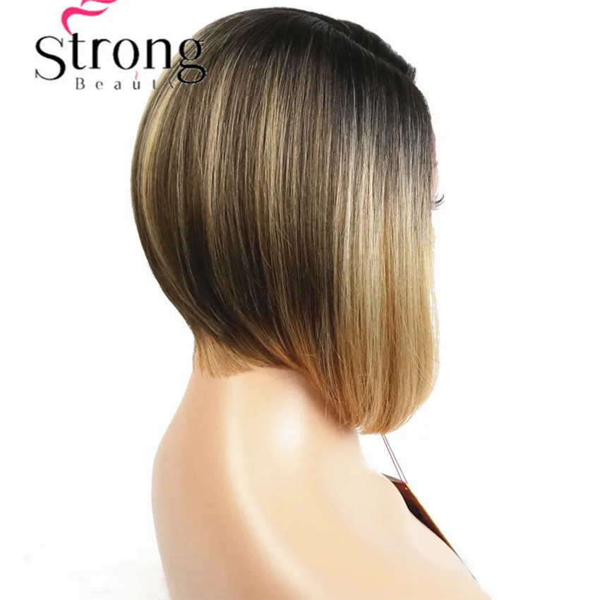 StrongBeauty боб парик на кружеве с L часть парик на шнурке Омбре блонд черный корень ручная вязка невидимые Синтетические прямые парики