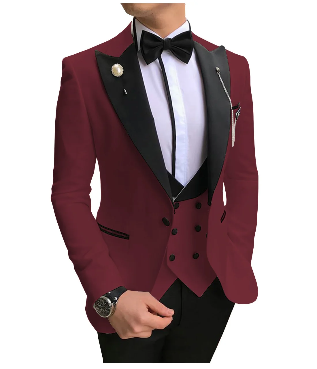 Burgundy Мужские костюмы из 3 предметов, приталенные деловые костюмы, смокинги для жениха, цвета шампанского, благородные, серые, белые, для официальных свадеб, костюм(Блейзер+ брюки+ жилет - Цвет: Burgundy