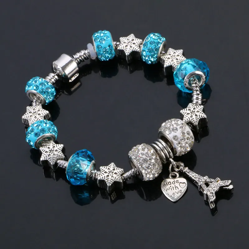 sky blue XiongHang Античная Посеребренная Эйфелева башня Шарм Fit браслет хрустальные бусины в форме сердца браслеты и ювелирные женские браслеты - Окраска металла: sky blue