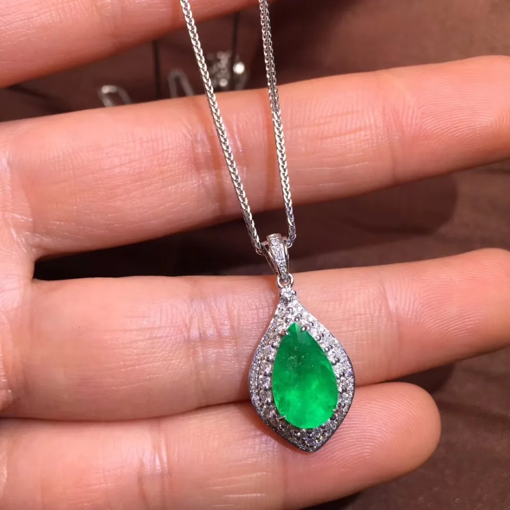 Женское Ожерелье с натуральным зеленым изумрудом цвет белое золото 18 К|Подвески|
