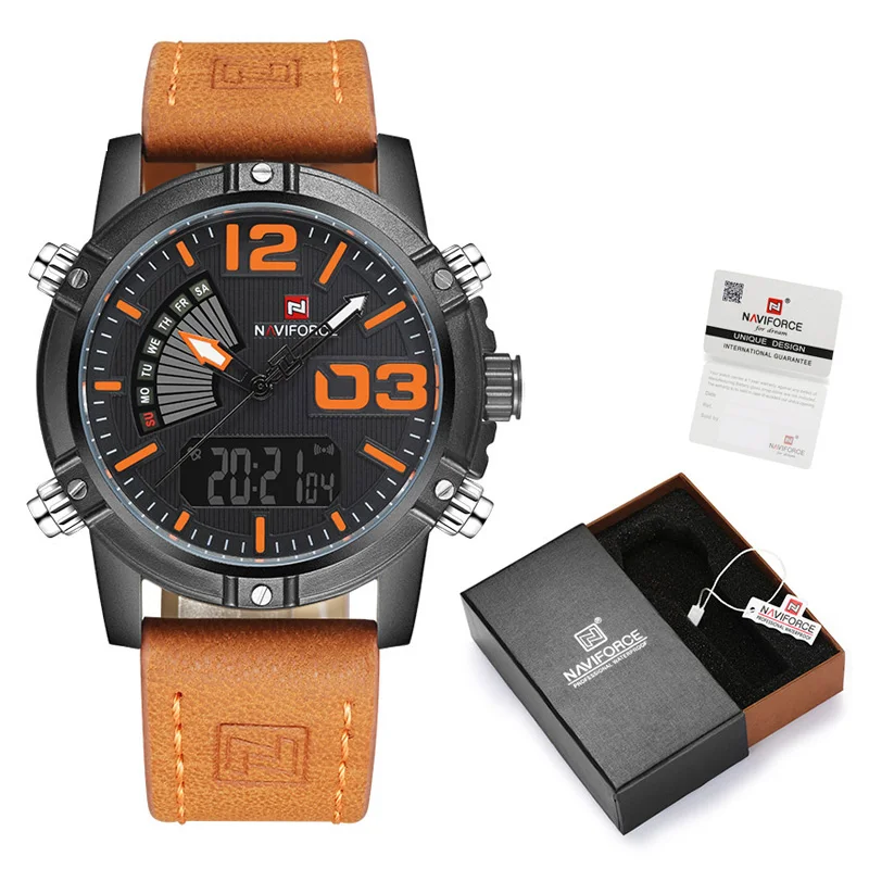 NAVIFORCE, мужские часы, кожа, военные, водонепроницаемые, мужские часы, Relogio Masculino, с коробкой, набор для продажи, Цифровые мужские часы NF9095 - Color: BOB-Box-B