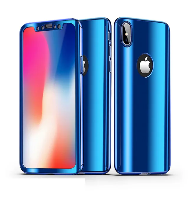 Blue 360 градусов Покрытие Зеркало чехол для iPhone 6 6s 7 8 Plus X Жесткий ПК полный корпус чехол для iPhone 6s 6 s 7 8 X телефонные чехлы со стеклом - Цвет: Blue