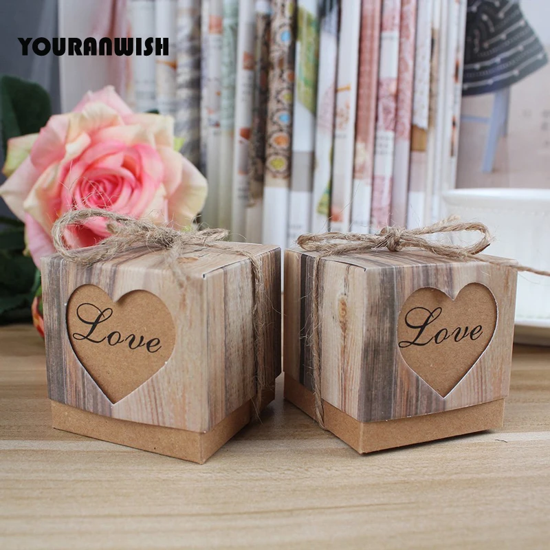 Candy Boxes Love Heart Kraft Box Paper Gift with Burlap Jute Shabby Chic Twine Wedding Favor Valentine's Day and Part | Дом и сад