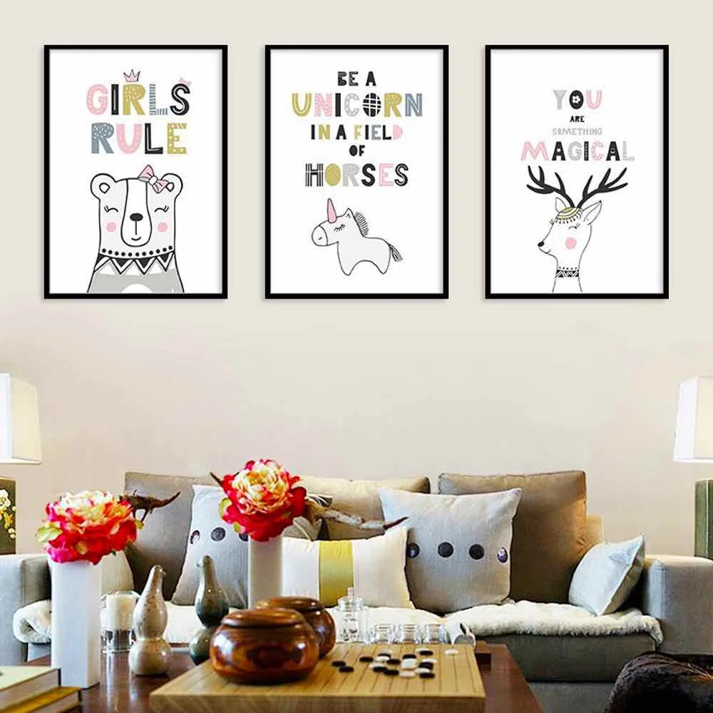 

HAOCHU Bear Unicorn Cartoon For Living Room Home Decor Painting Print Poster Simple Nordic Wall Picture Canvas Painting