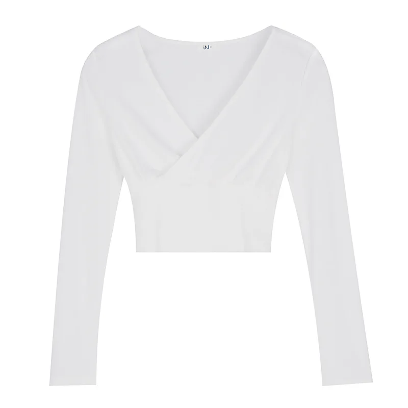 

2018 Autumn Women's t-shirt Korean sexy v neck solid long-sleeved short bottoming knitting shirt crop top
