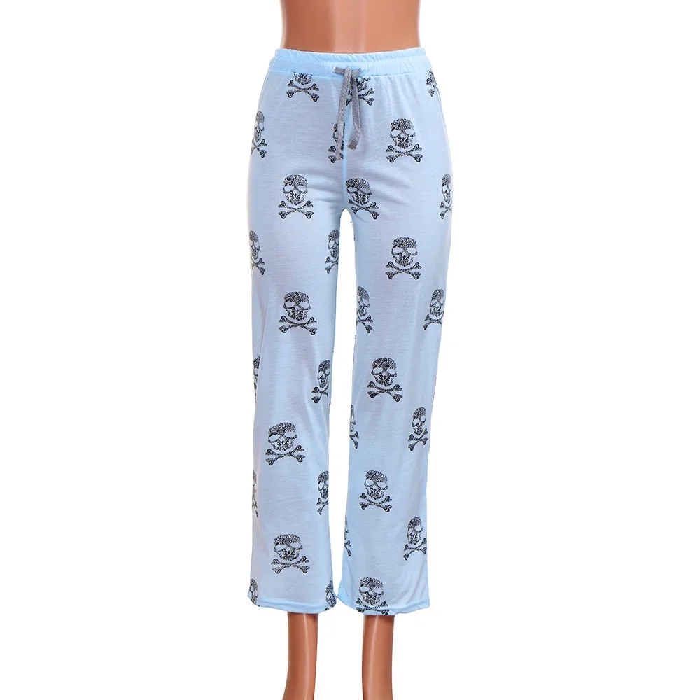 

Polyester Women Lady Causal Daily High Waist Skull Print Wide Calf Length Long Leg Pants Women's plus size Pants A502