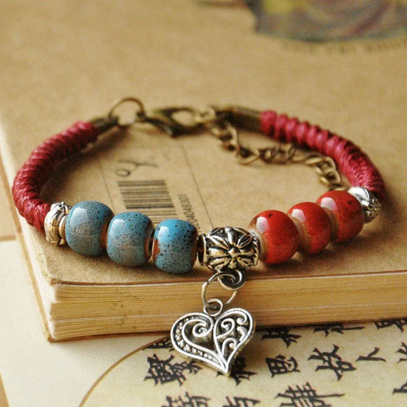 Ancient Silver Color Heart Pendants Bracelets For Women Ceramic Beads Strand Vintage Bracelet Handmade Rope Knot Charm Jewelry | Украшения