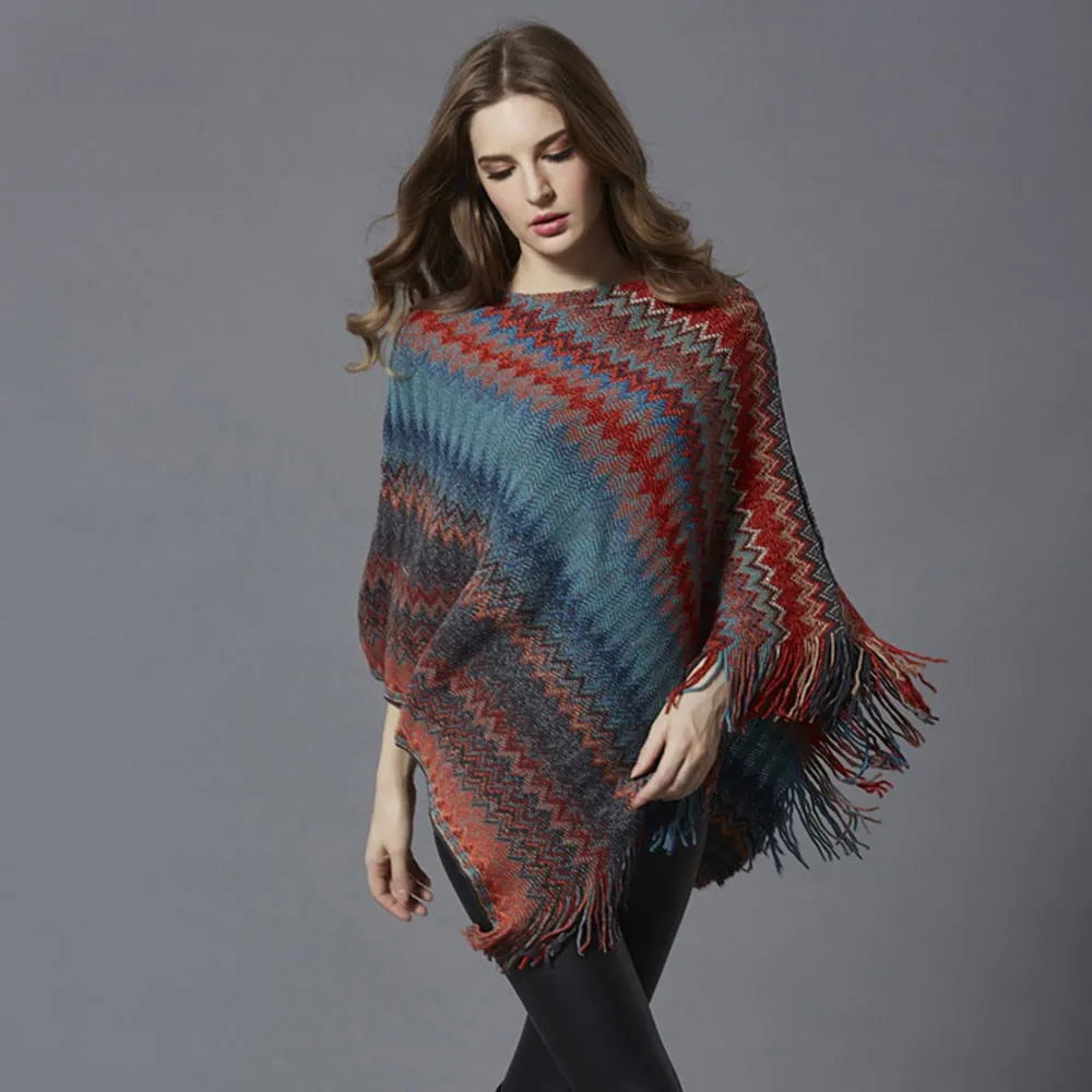 2019 зима Boho Повседневная Офисная Леди плюс размер женские кейпы пуловер цвет блок