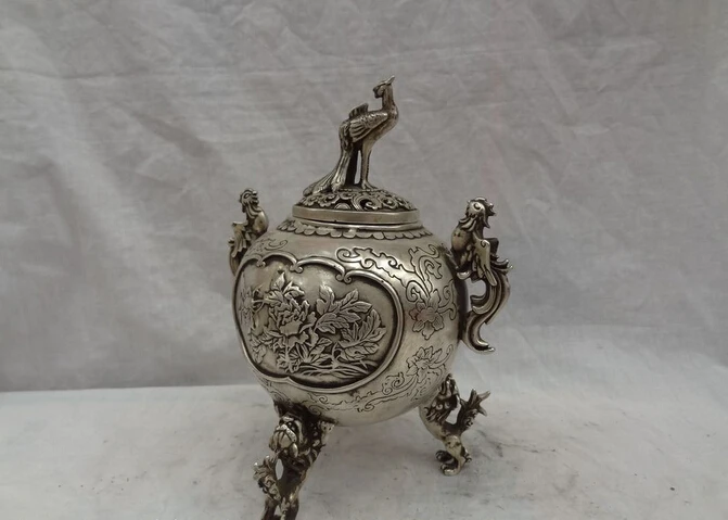 9 &quotТибет Silver Bird Fly Павлин Глава Статуя Феникс Лев Курильница Курильница|censer