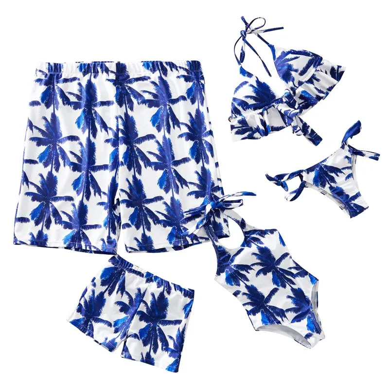 Coconut Tree Print Swimsuit Mommy And Me One Piece Mom And Daughter Bikini Set Family Look Swimwear Men Boy Dad Son Beach Shorts