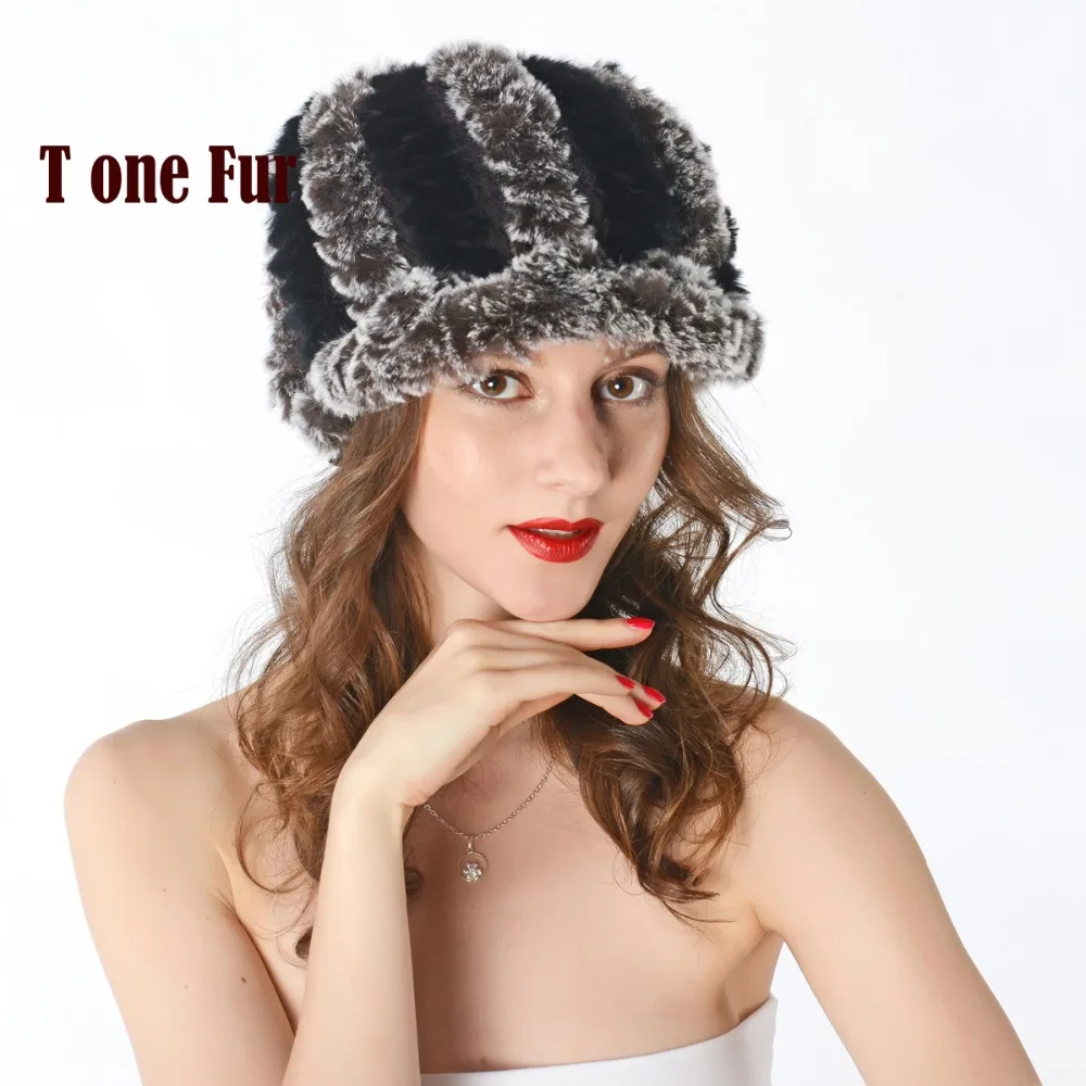 Женские вязаные шапки с козырьком из натурального кроличьего меха зимние теплые