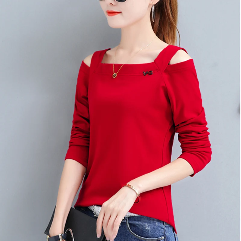 Сексуальная Женская футболка с открытыми плечами 2018 Корейская Осенняя женская