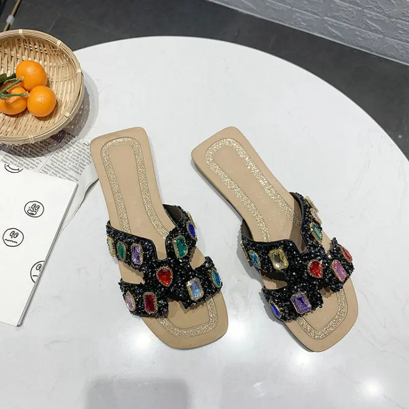 2019 г. Новые модные летние женские тапочки на низком каблуке с кристаллами