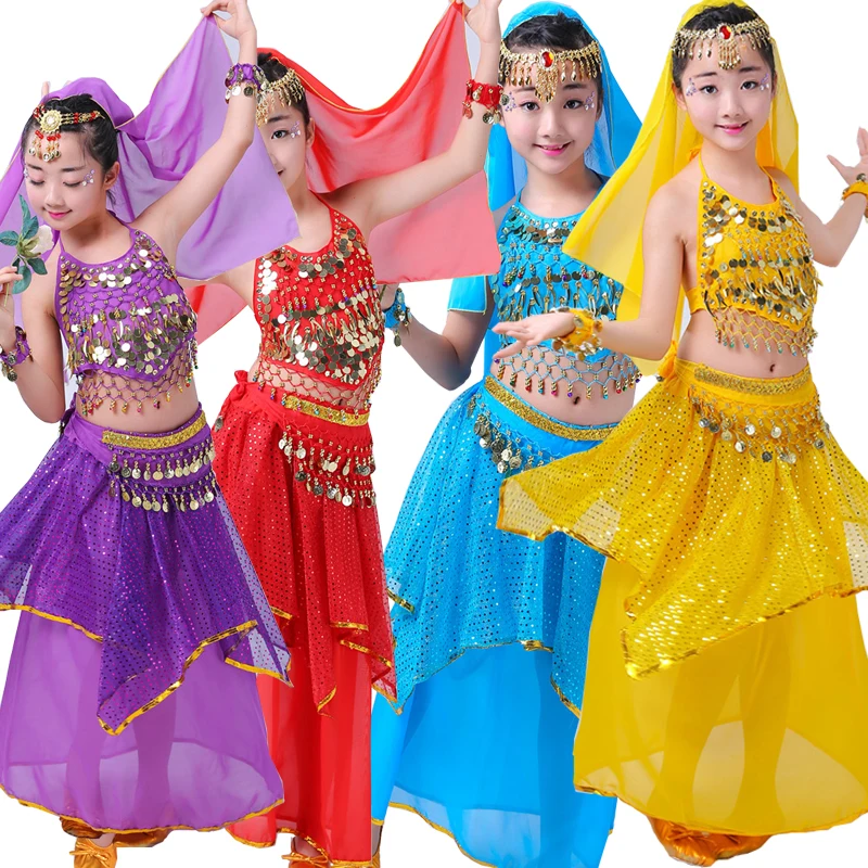 4 шт. детский костюм для танца живота девочек индийское танцевальное платье