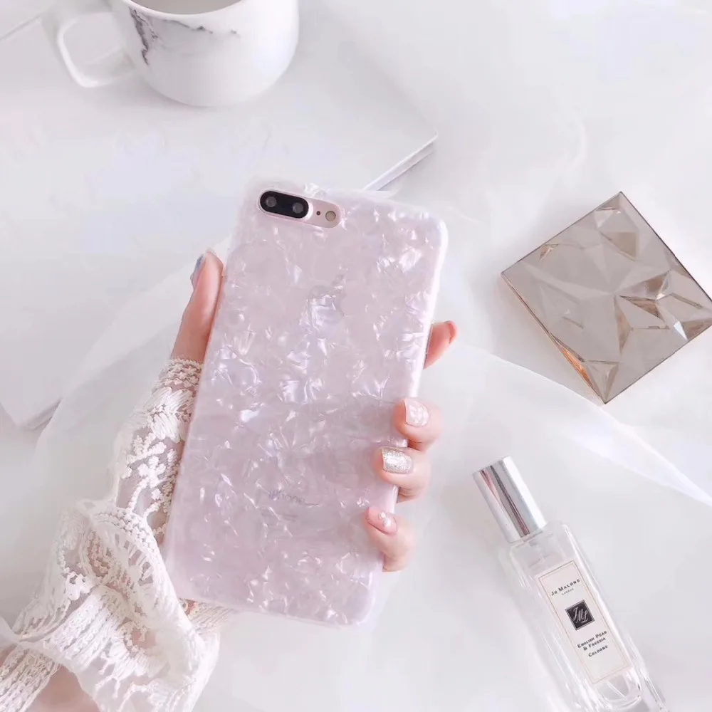 Фольга Bling блестка Телефонные Чехлы для iPhone 6 S 7 8 плюс Чехол белый раковину В виде