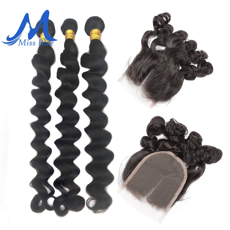 Missblue 3 Bundles With Closure Brazilian Hair Weave Bundle Lace Loose Wave Remy Human | Шиньоны и парики