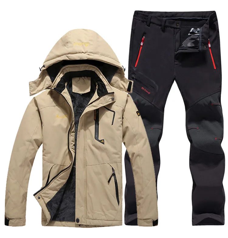 khaki black Полярный светильник для мужчин, Зимний водонепроницаемый, для рыбалки, термо-брюки, куртки для походов, Походов, Кемпинга, катания на лыжах, альпинизма, Открытый комплект, 6XL костюм - Цвет: khaki black