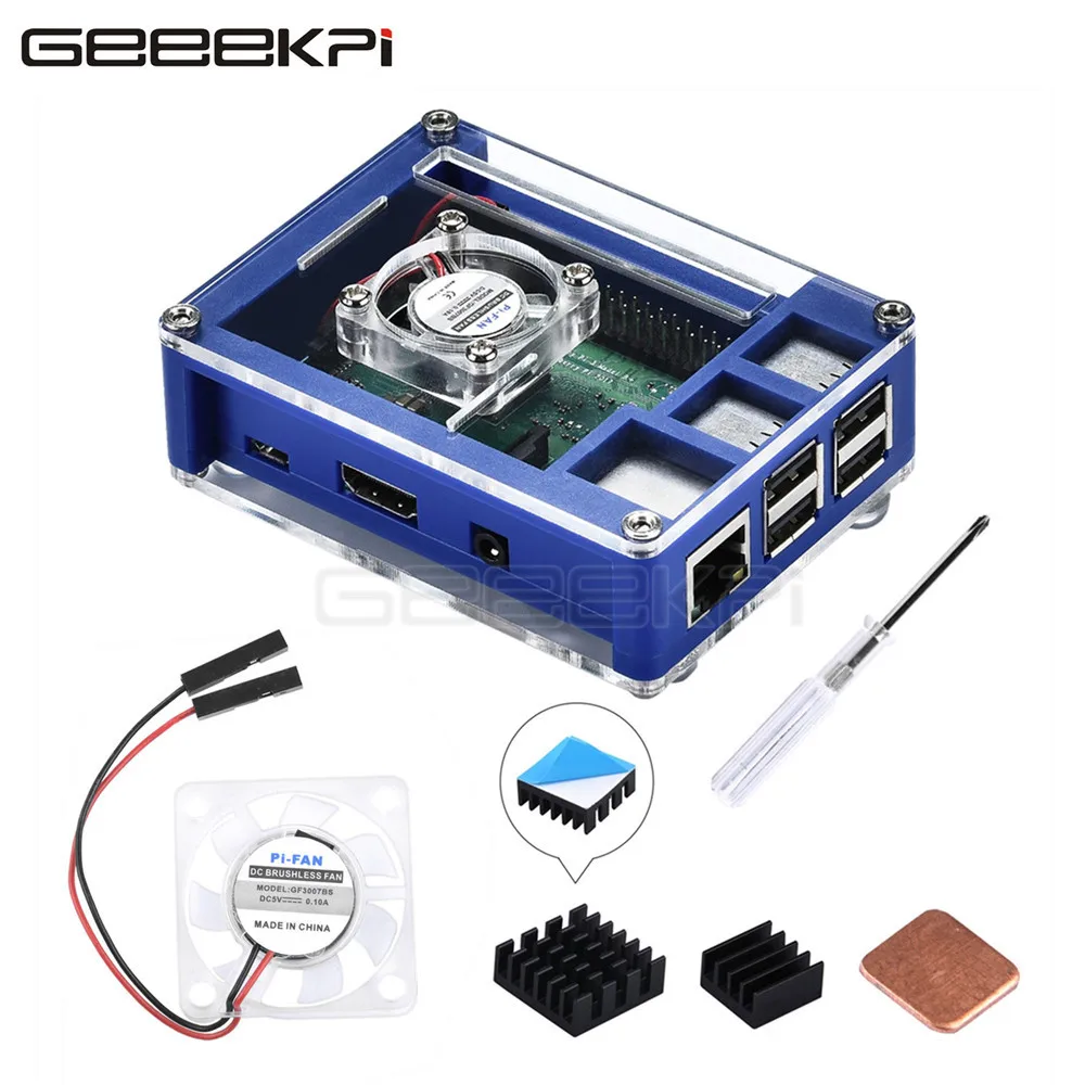 Акриловый пластиковый синий и прозрачный чехол GeeekPi с дополнительным адаптером