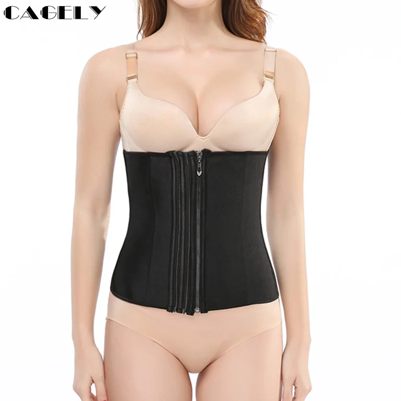 Латексный тренажер для талии Корректирующее белье на молнии черное спиральное