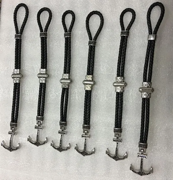 

Handmake Plated Silver Crystal Full Anchor Sailor with Black Genuine Leather Claw Clasp Bracelet