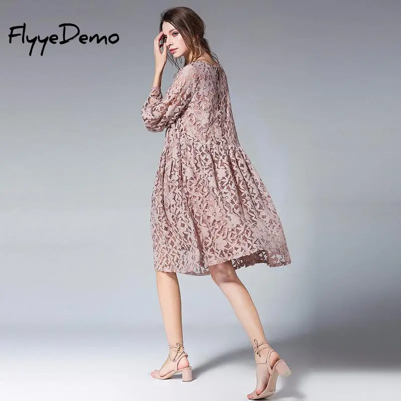 High Quality Loose Dress 2018 Summer Women Elegant Floral Lace Chiffon Knee Length Pleated Black Party | Женская одежда