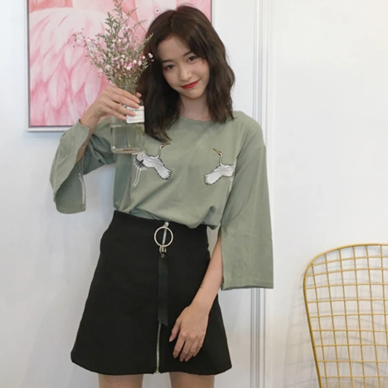 YouGeMan Женская футболка Летняя Корейская Ulzzang Harajuku Bf кран вышитая сплит рукавом