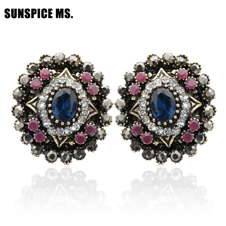 Серьги пусеты NewStyle круглые из смолы винтажные античные золотого цвета индийские