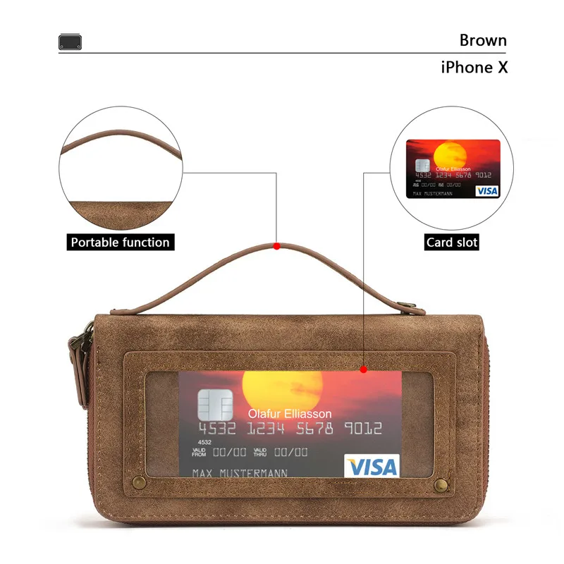 Роскошный кожаный чехол-кошелек на молнии для iPhone XS Max XR X 8 7 Plus