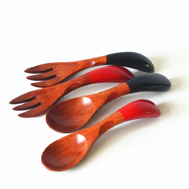 2 Sets Beautiful Twisted Spoon Fork Set Kids Wooden Red Black Curved Baby Dessert Kitchen Dinnerware | Дом и сад